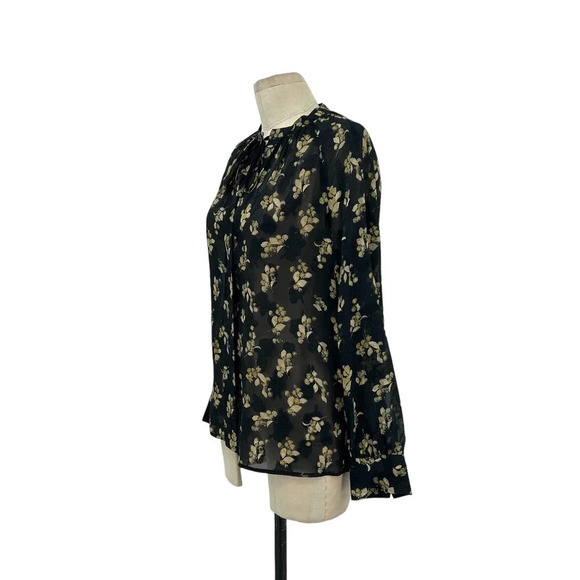 Vince Dandelion Poet Blouse Gathered Floral-Print Silk-Crepon Black‎ Size Small - Picture 5 of 12
